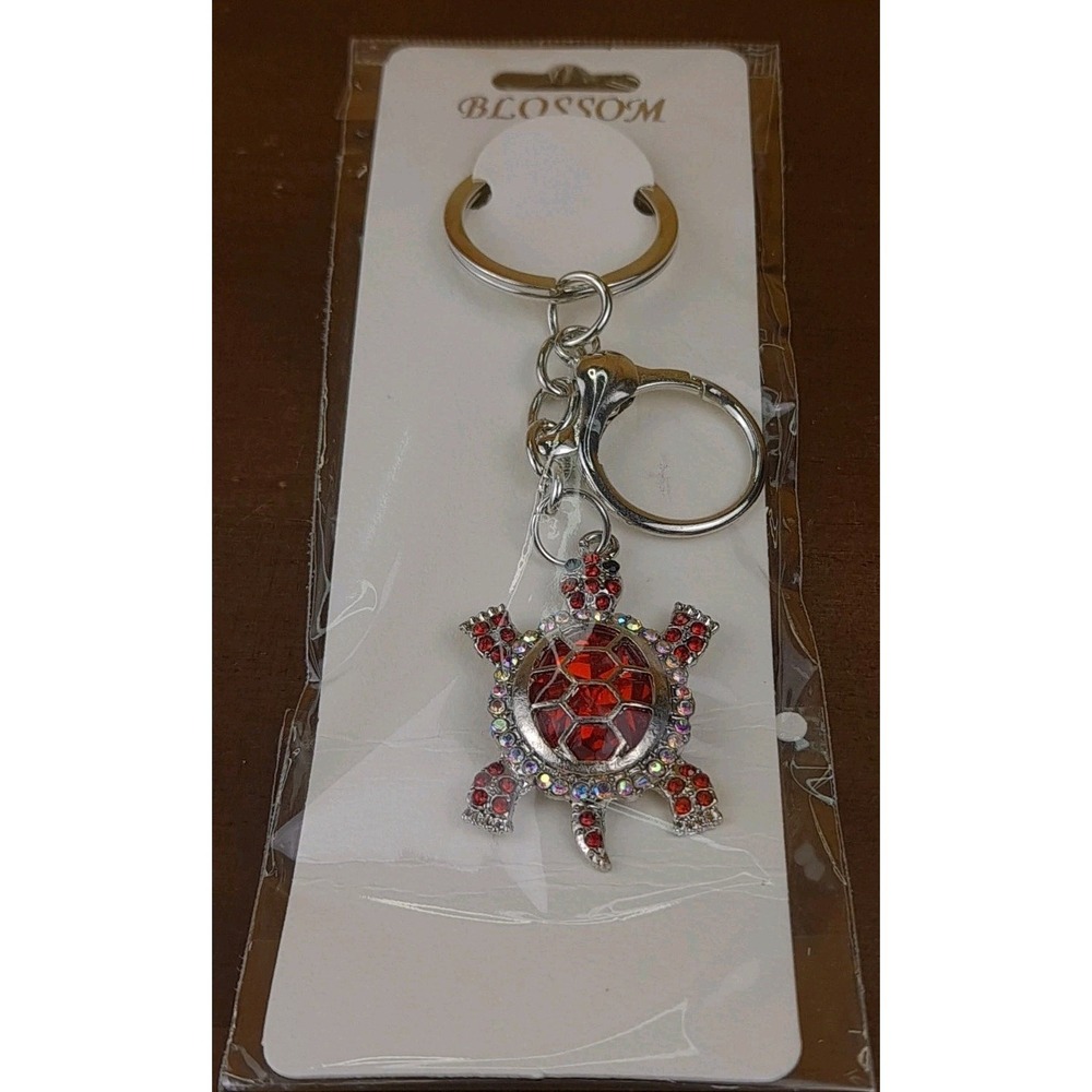 Turtle Red Rhinestone Crystal Silver Tone Keychain Backpack Purse Clip - Picture 3 of 6